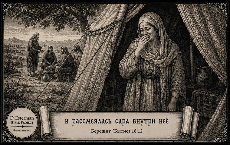 Сарра смеётся внутри себя у входа в шатёр, услышав обещание о рождении сына, Берешит 18:12, иллюстрация D. Esterman Bible Project