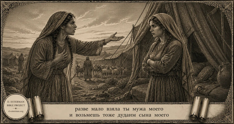 Леа упрекает Рахель из-за дудаим сына Реувена, а Рахель отвечает ей у шатра. На заднем плане видны стада Яакова.