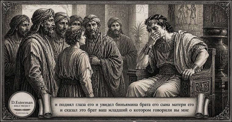 Йосеф впервые видит Биньямина в доме правителя Мицраима. Братья стоят перед ним, а Йосеф с трудом скрывает охватившее его сострадание. Историческая иллюстрация к Берешит 43 в стиле старинной гравюры.