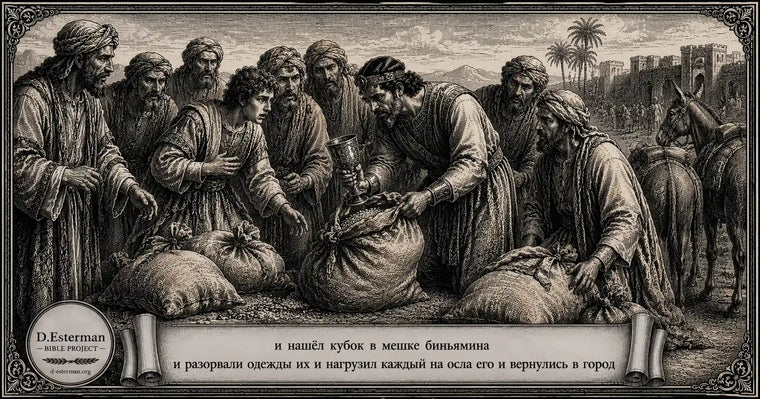 Серебряный кубок Йосефа найден в мешке Биньямина. Братья потрясены, а управитель завершает обыск на дороге из Мицраима. Историческая иллюстрация к Берешит 44 в стиле старинной гравюры.