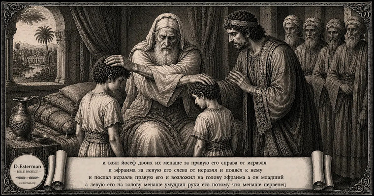 Исраэль скрещивает руки, благословляя Эфраима и Менаше. Йосеф пытается поправить руку отца, но тот сознательно возлагает правую руку на младшего сына. Историческая иллюстрация к Берешит 48 в стиле старинной гравюры XVII века.