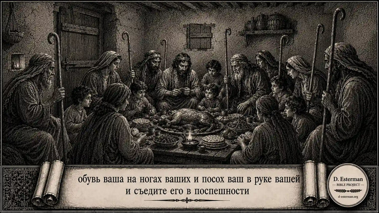 Большая семья Израиля ест пасхального ягнёнка с посохами в руках, готовясь к исходу из Египта – Исход 12:11 – D. Esterman Bible Project