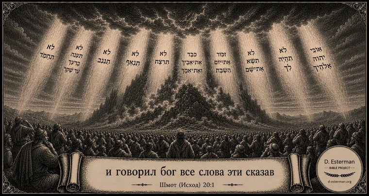 Гора Синай, окутанная тяжёлым облаком, и народ Исраэля у её подножия, слышащий Десять речений. 