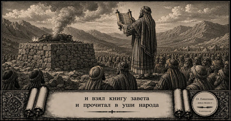 Моисей читает книгу завета перед народом Израиля у горы, рядом с жертвенником и жертвенным быком — Исход 24:7 — D. Esterman Bible Project.