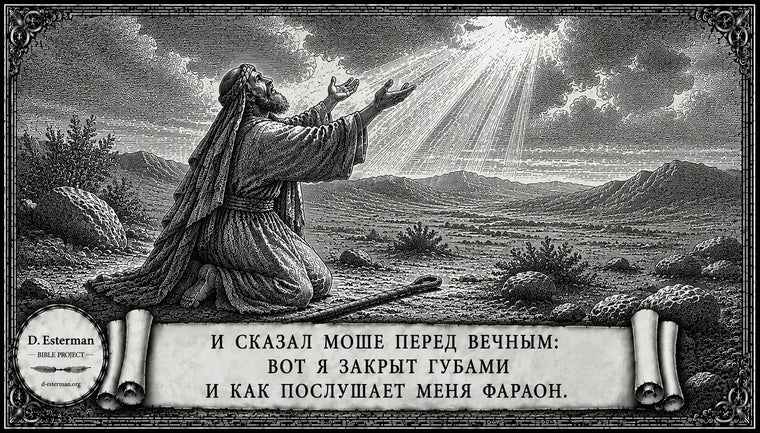 Моше обращается к Вечному в пустыне, говоря: «Вот я закрыт губами, и как послушает меня фараон». Иллюстрация к Шмот (Исход) 6:30 в стиле старинной чёрно-белой библейской гравюры.