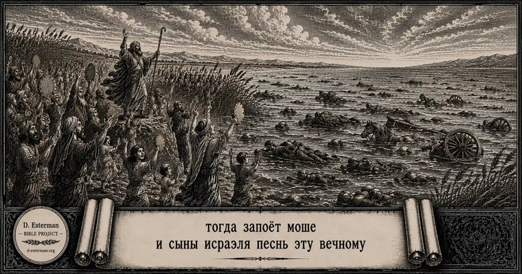 Моше и сыны Исраэля поют песнь Вечному на берегу Ям Суф после гибели войска Мицраима, пока среди воды плавают тела, кони и обломки колесниц.