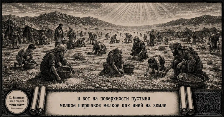 Ман на поверхности пустыни – сыны Исраэля собирают мелкое шершавое вещество, похожее на иней, вокруг своего стана в пустыне.