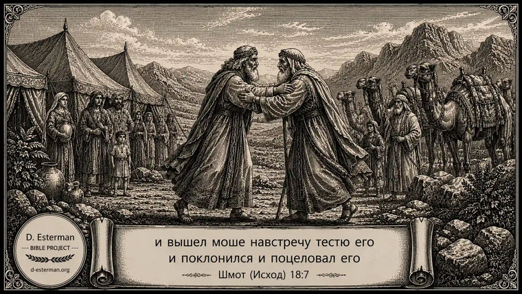 Моше встречает своего тестя Итро у стана сынов Исраэля в пустыне, кланяется ему и целует его. Шмот (Исход) глава 18 — буквальный перевод с комментариями.