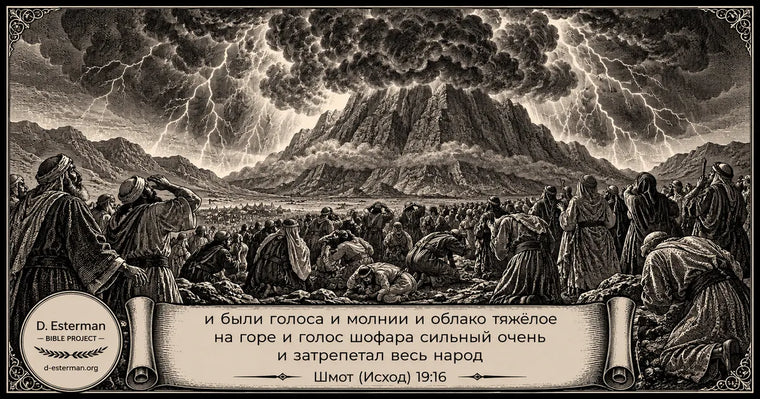 Дарование Торы у горы Синай: тяжёлое облако, молнии, звук шофара и народ Исраэля в трепете перед горой.