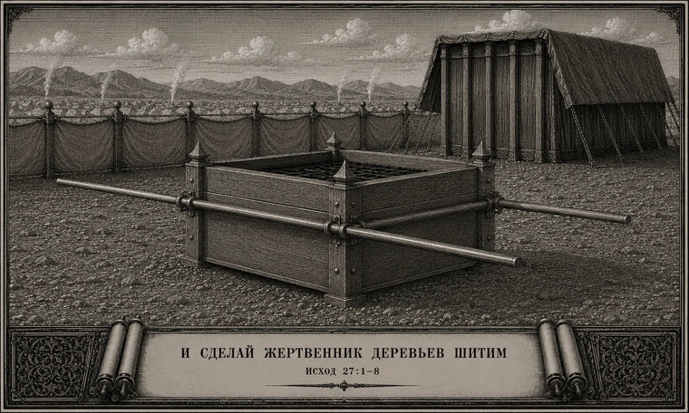 Исход 27 — деревянный жертвенник из досок шитим, покрытых медью