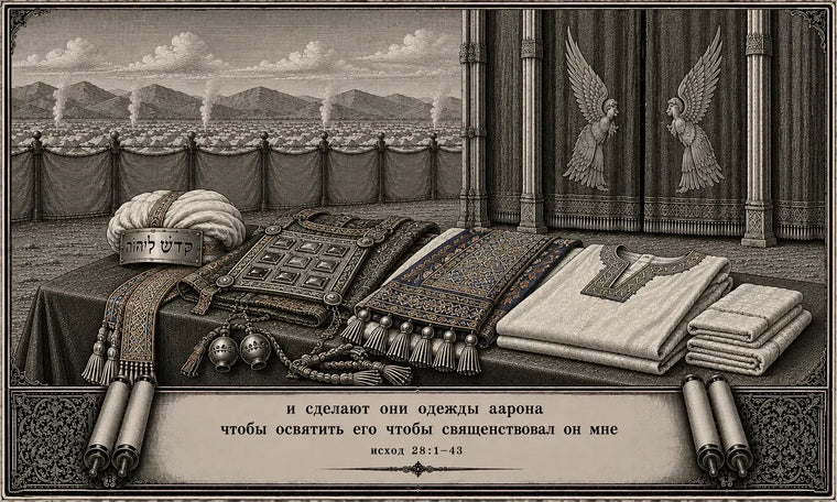 Шмот (Исход) 28. Одежды Аарона и священные принадлежности, разложенные перед мишканом; на завесе два херувима.