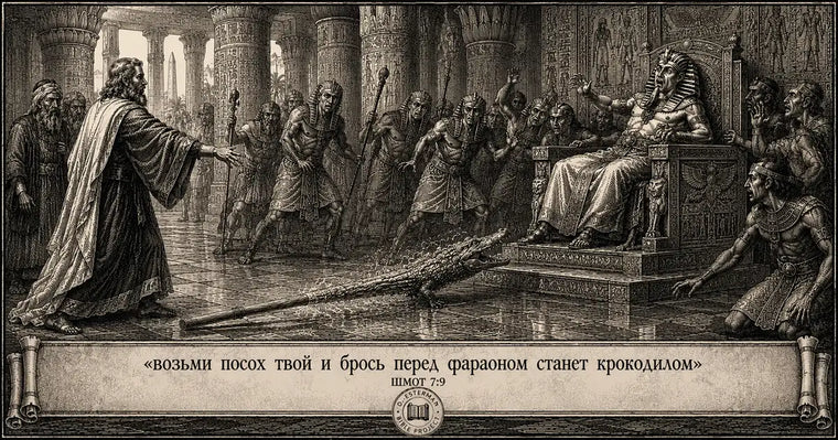 Посох Аhарона превращается в крокодила перед фараоном. Иллюстрация к Шмот 7:9 в стиле старинной библейской гравюры.