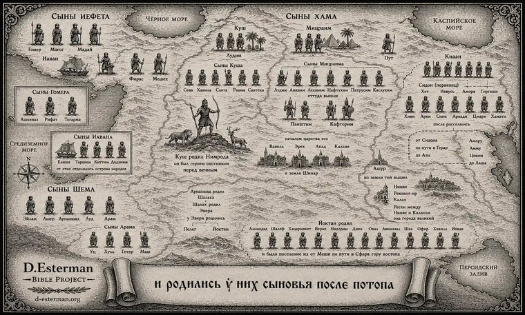 Бытие 10 — старинная карта народов после потопа с потомками Шема, Хама и Йефета, Нимродом и землями древнего Ближнего Востока, D. Esterman Bible Project.