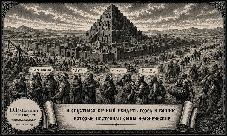 Бытие 11 — построенные город и Вавилонская башня в земле Шинар, смешение языков и рассеяние людей по всей земле, D. Esterman Bible Project.