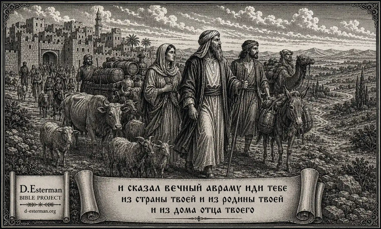Аврам, Сарай и Лот покидают Харан с караваном, мелким и крупным скотом и имуществом, отправляясь в землю Кнаан по слову Вечного. Берешит (Бытие) 12:1. D. Esterman Bible Project.
