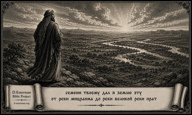Аврам стоит на каменистом холме и в видении созерцает дикую землю Кнаан под лучами света. 