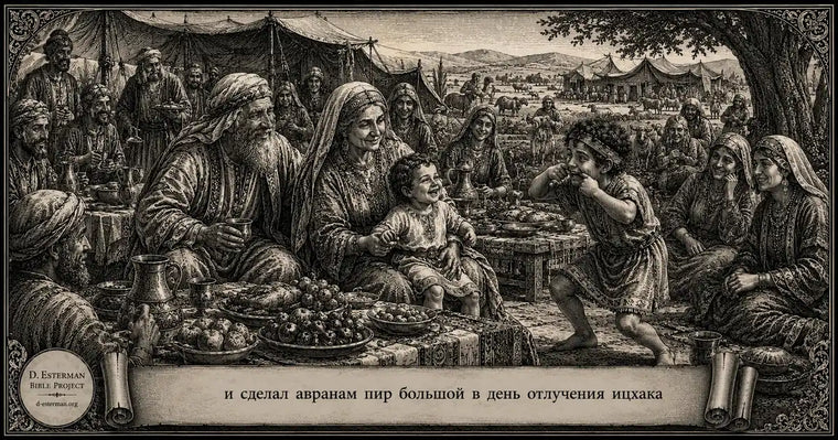 Пир Авраhама в день отлучения Ицхака от груди – Ишмаэль смешит Ицхака среди гостей праздника, Берешит 21