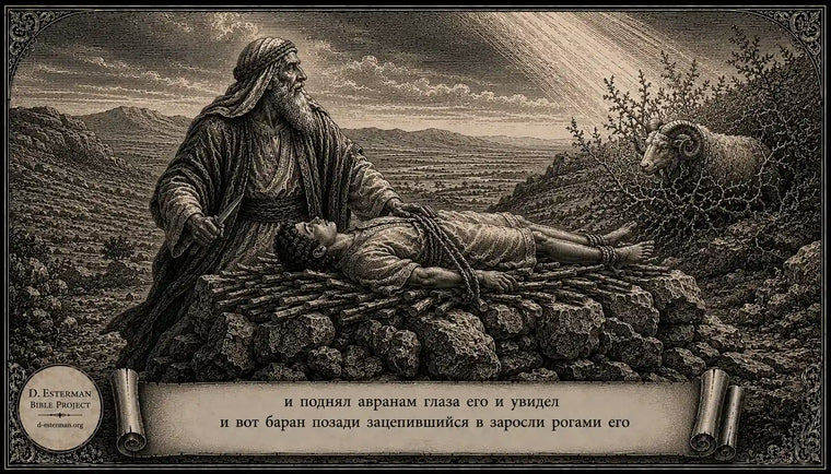 Авраhам и связанный Ицхак на жертвеннике из необработанных камней, баран запутавшийся рогами в зарослях – Берешит 22