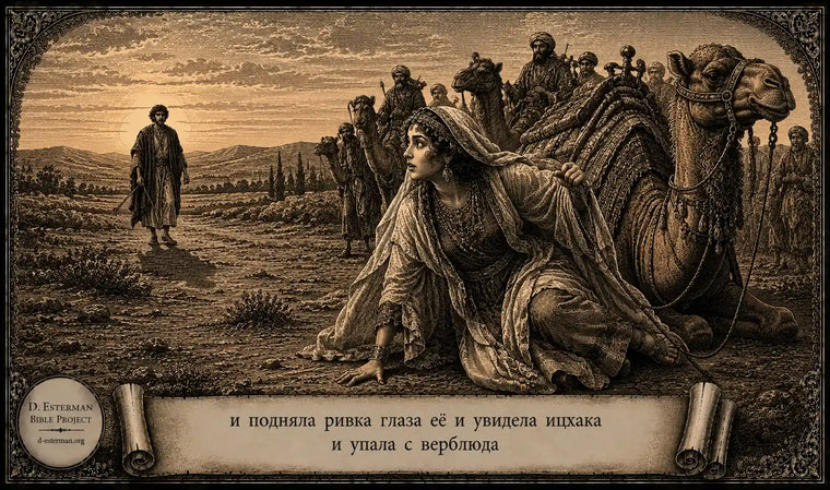 Ривка впервые увидела ицхака, упала с верблюда перед встречей с ним. Иллюстрация к Берешит (Бытие) 24.