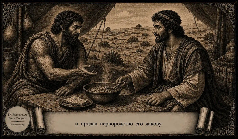 Эсав продаёт своё первородство яакову за чечевичную похлёбку. Библейская иллюстрация к Берешит (Бытие) 25 в стиле старинной гравюры.