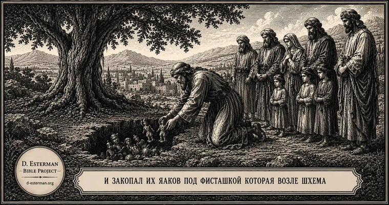 Яаков закапывает чужих богов под фисташкой возле Шхема. Историческая иллюстрация к Берешит 35 в стиле старинной гравюры.