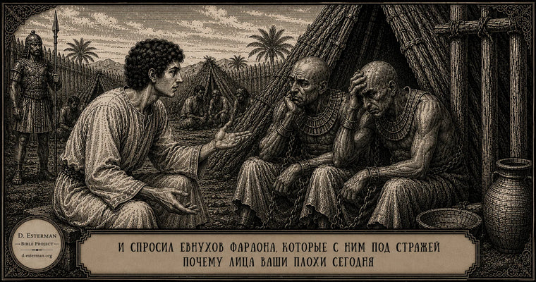 Йосеф спрашивает евнухов фараона почему лица ваши плохи сегодня. Древнеегипетский лагерь заключённых. Историческая гравюра к Берешит 40.