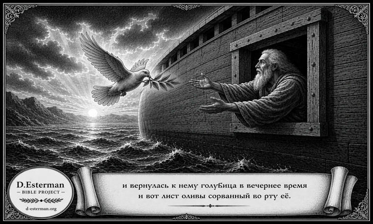 Бытие 8 — голубица возвращается к Ноаху с сорванным листом оливы, а ковчег ещё плывёт среди вод, D. Esterman Bible Project