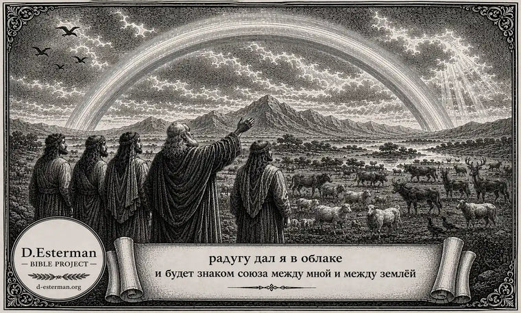 Бытие 9 — Ноах и его сыновья созерцают радугу, знак союза Бога с землёй, среди животных, вышедших после потопа, D. Esterman Bible Project.