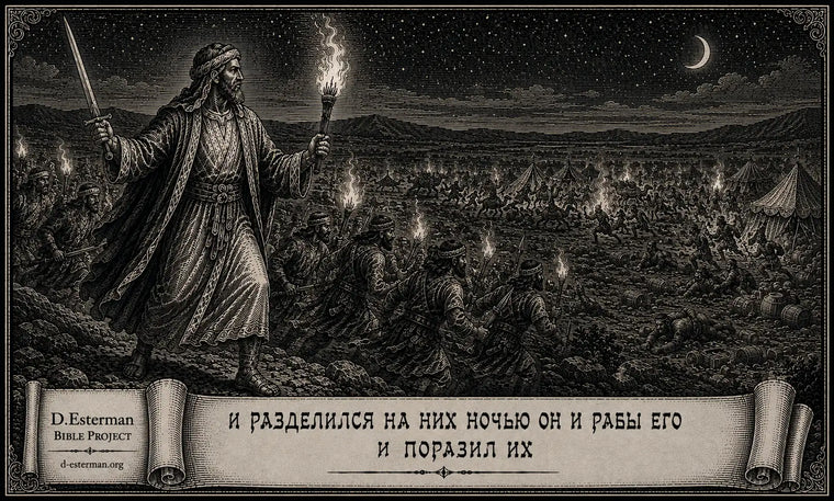 Аврам с вооружёнными рабами совершает ночное нападение на лагерь царей и поражает их, Берешит (Бытие) 14:15, иллюстрация D. Esterman Bible Project