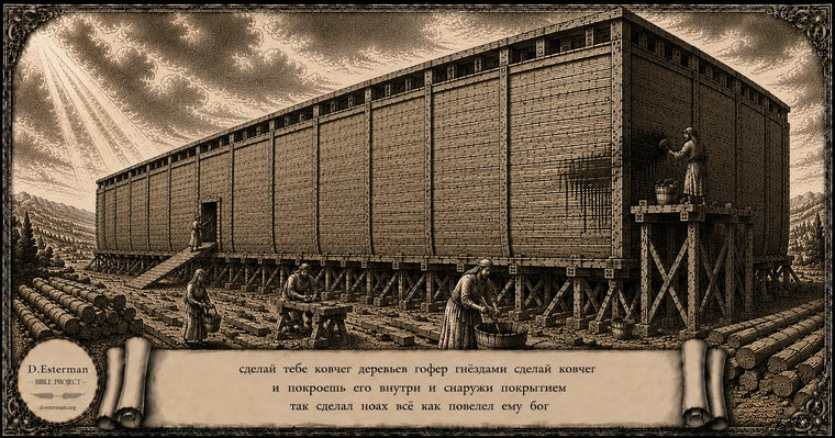 Бытие 6 — Ноах строит огромный ковчег и покрывает его смолой, исполняя всё, что повелел ему Бог, D. Esterman Bible Project