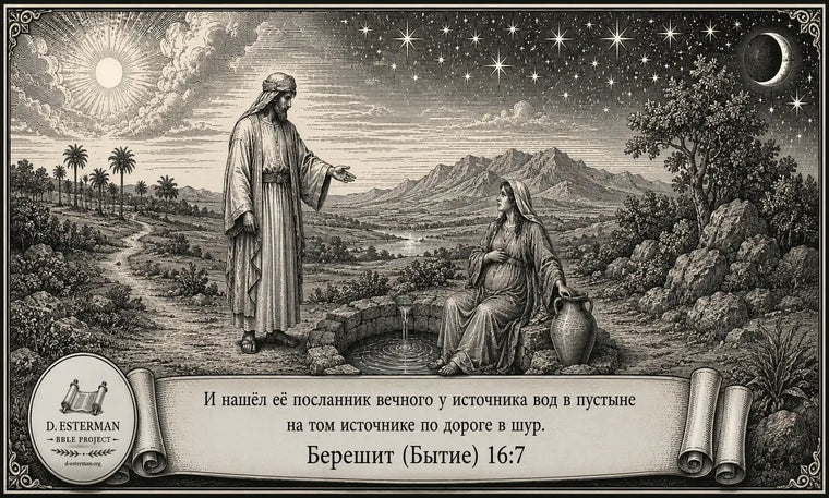 Посланник встречает беременную Агар у источника в пустыне по дороге в Шур — гравюра D. Esterman Bible Project к Берешит (Бытие) 16:7