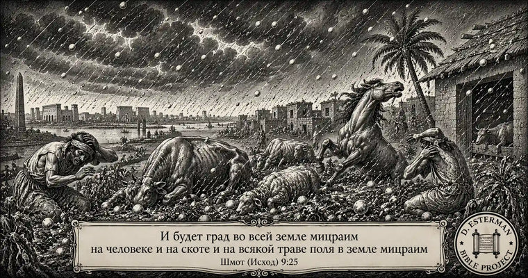 Град поражает землю Мицраим – люди, скот и поля под разрушительной казнью, авторская иллюстрация к Шмот (Исход) 9:22–25, D. Esterman Bible Project.
