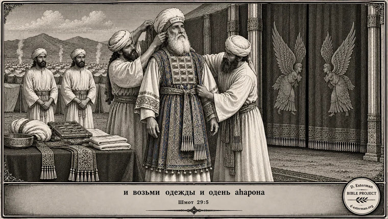 Аарон облачается в священные одежды у мишкана; рядом его сыновья и приготовленные священные одежды. Шмот 29:5