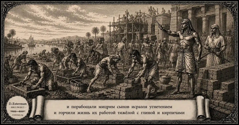 Иллюстрация к Шмот (Исход) 1 — египтяне принуждают сынов Исраэля к тяжёлой работе с глиной и кирпичами.