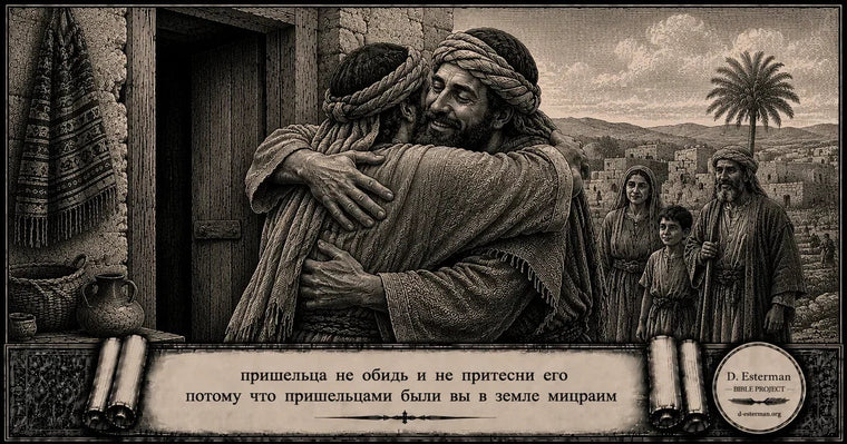 Пришельца не обидь и не притесни его: мужчина радостно обнимает пришельца у входа в дом, а рядом стоят его семья и дети. 