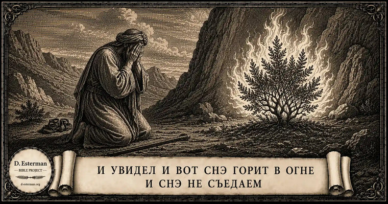Моше видит горящий снэ, который горит в огне и не съедаем, у горы Хорев. Иллюстрация к Шмот (Исход) 3 в стиле старинной гравюры.